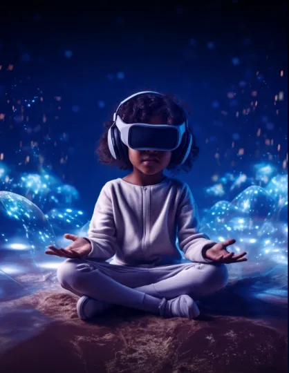 Child wearing a VR headset in an immersive world of light